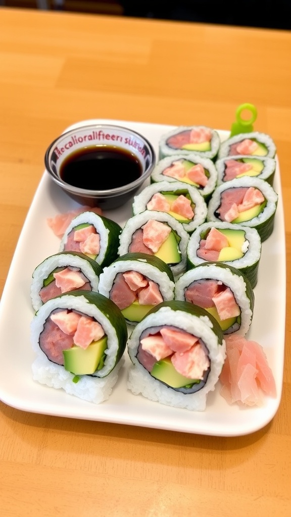 A plate of California sushi rolls with avocado, crab, and cucumber, served with soy sauce and pickled ginger.